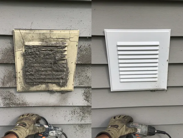 Storrs Dryer Vent Cleaning technician installing high-quality dryer vent cover at a residential property in Storrs